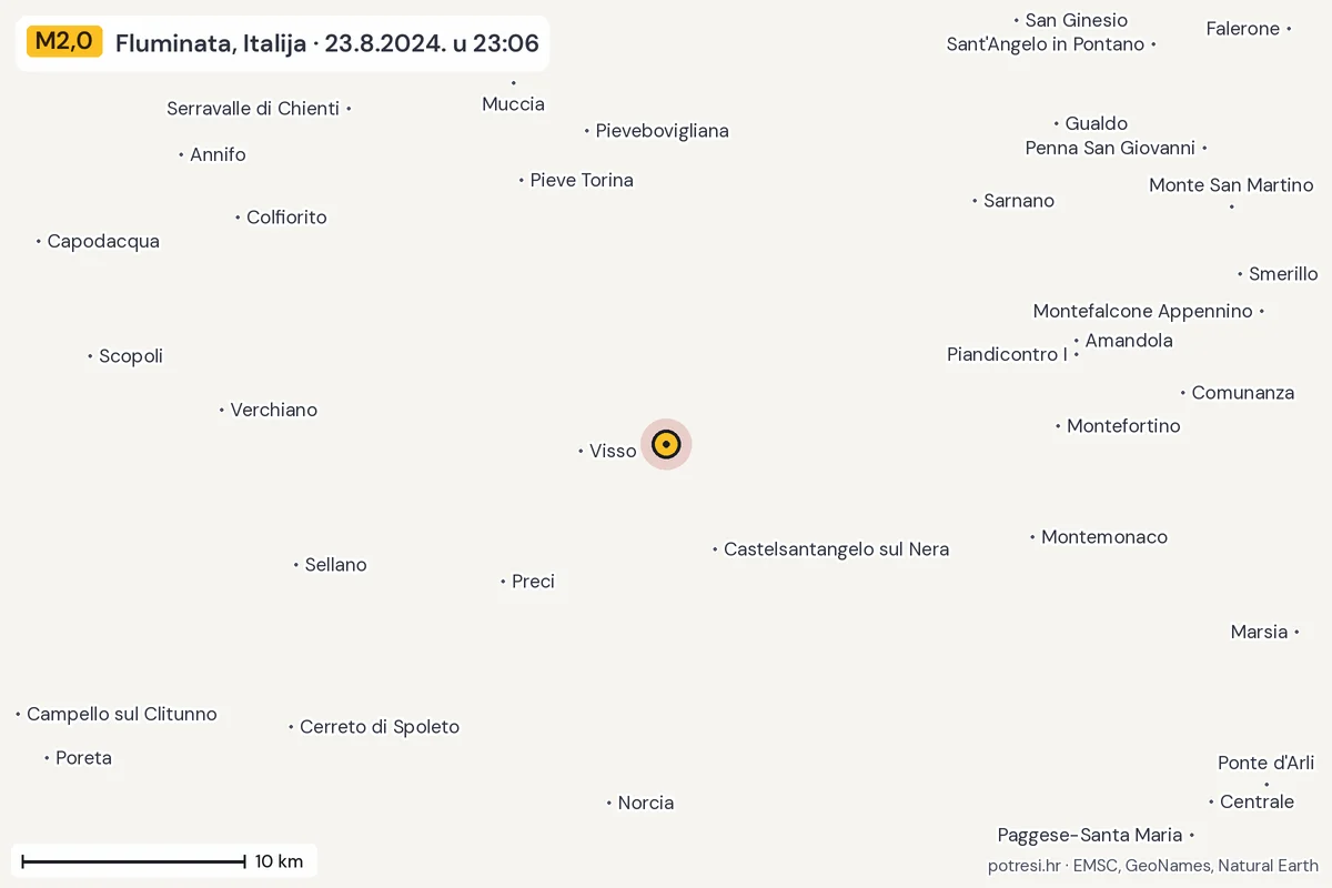 Karta: okolica epicentra, 60 km, potres M2,0, Fluminata, Italija, 23.8.2024.