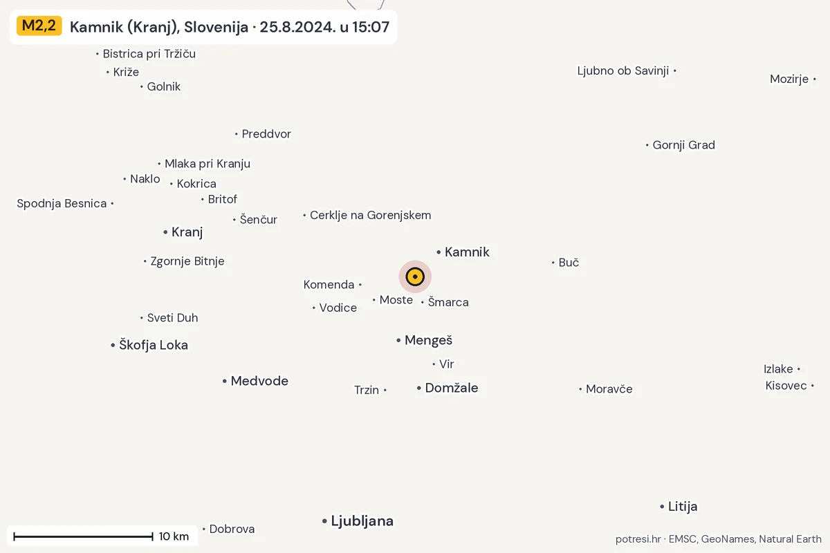 Karta: okolica epicentra, 60 km, potres M2,2, Kamnik (Kranj), Slovenija, 25.8.2024.