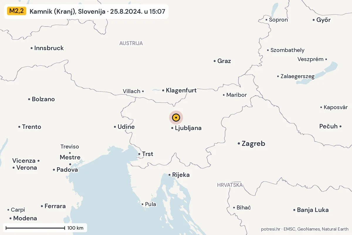 Karta: šire područje, 600 km, potres M2,2, Kamnik (Kranj), Slovenija, 25.8.2024.
