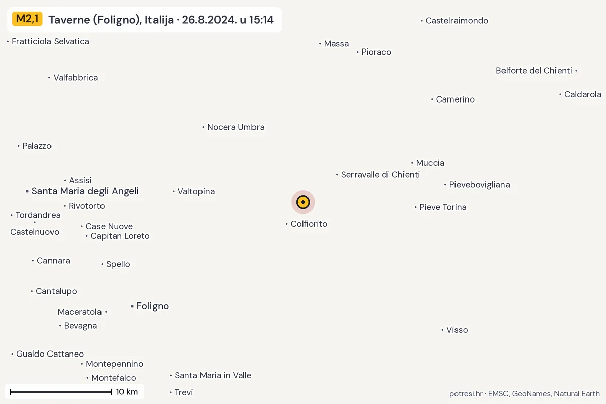 Karta: okolica epicentra, 60 km, potres M2,1, Taverne (Foligno), Italija, 26.8.2024.