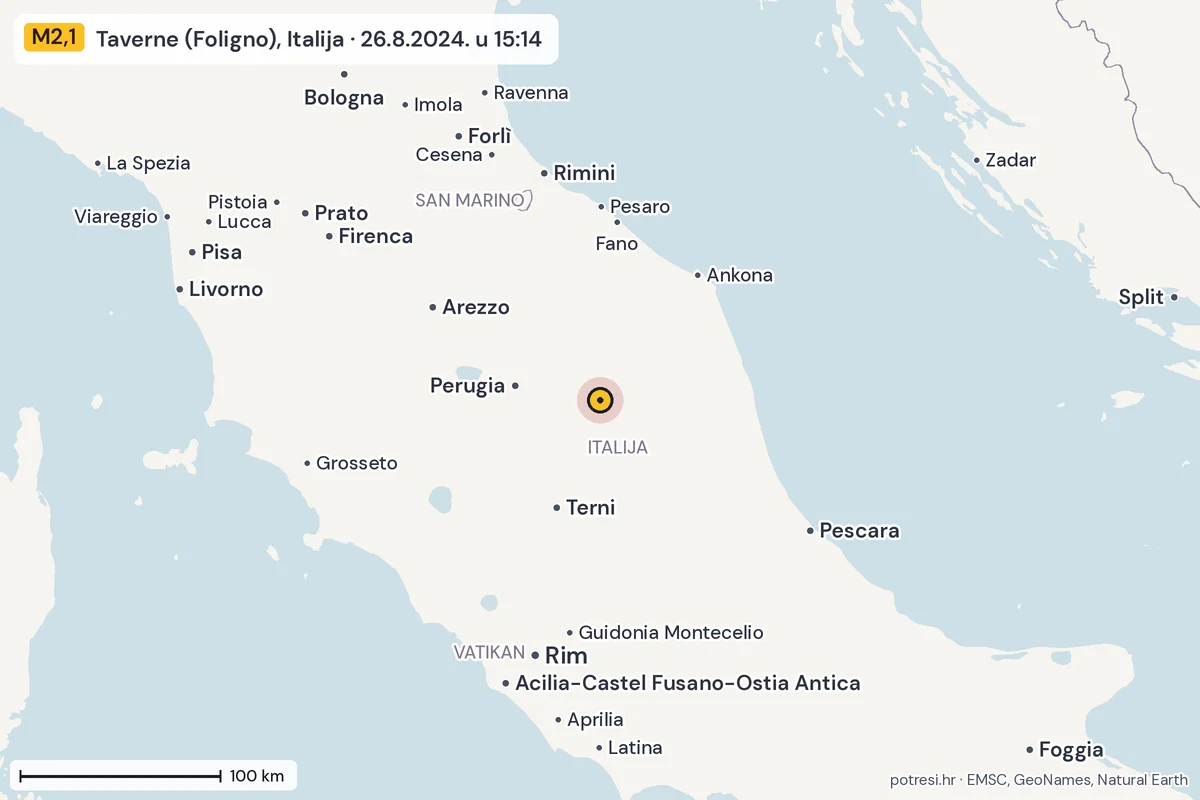 Karta: šire područje, 600 km, potres M2,1, Taverne (Foligno), Italija, 26.8.2024.
