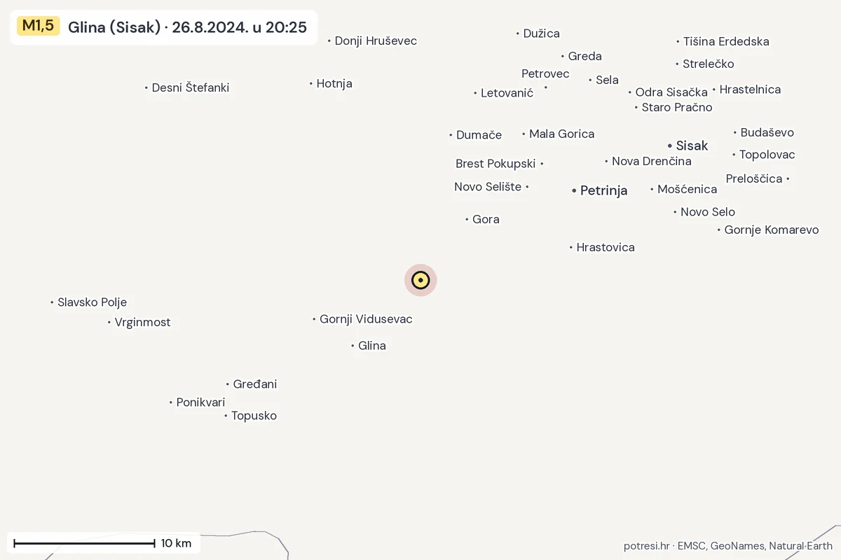 Karta: okolica epicentra, 60 km, potres M1,5, Glina (Sisak), 26.8.2024.