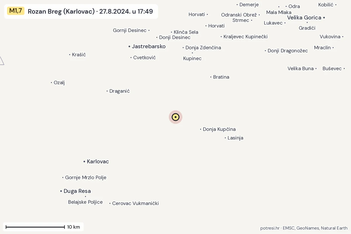 Karta: okolica epicentra, 60 km, potres M1,7, Rozan Breg (Karlovac), 27.8.2024.