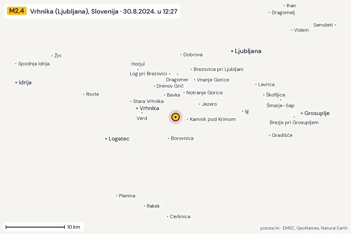 Karta: okolica epicentra, 60 km, potres M2,4, Vrhnika (Ljubljana), Slovenija, 30.8.2024.