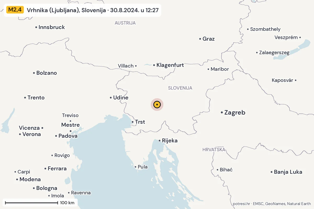 Karta: šire područje, 600 km, potres M2,4, Vrhnika (Ljubljana), Slovenija, 30.8.2024.