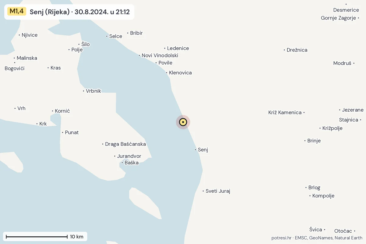 Karta: okolica epicentra, 60 km, potres M1,4, Senj (Rijeka), 30.8.2024.
