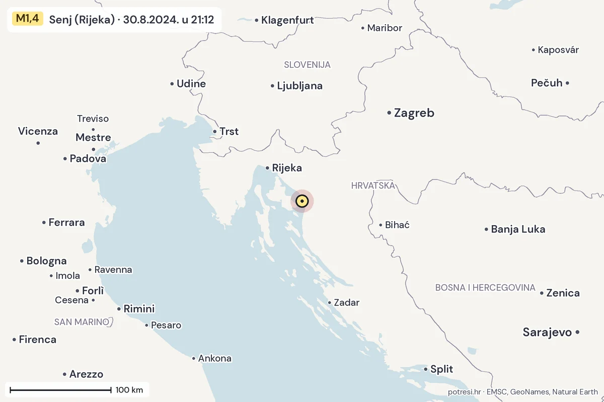Karta: šire područje, 600 km, potres M1,4, Senj (Rijeka), 30.8.2024.