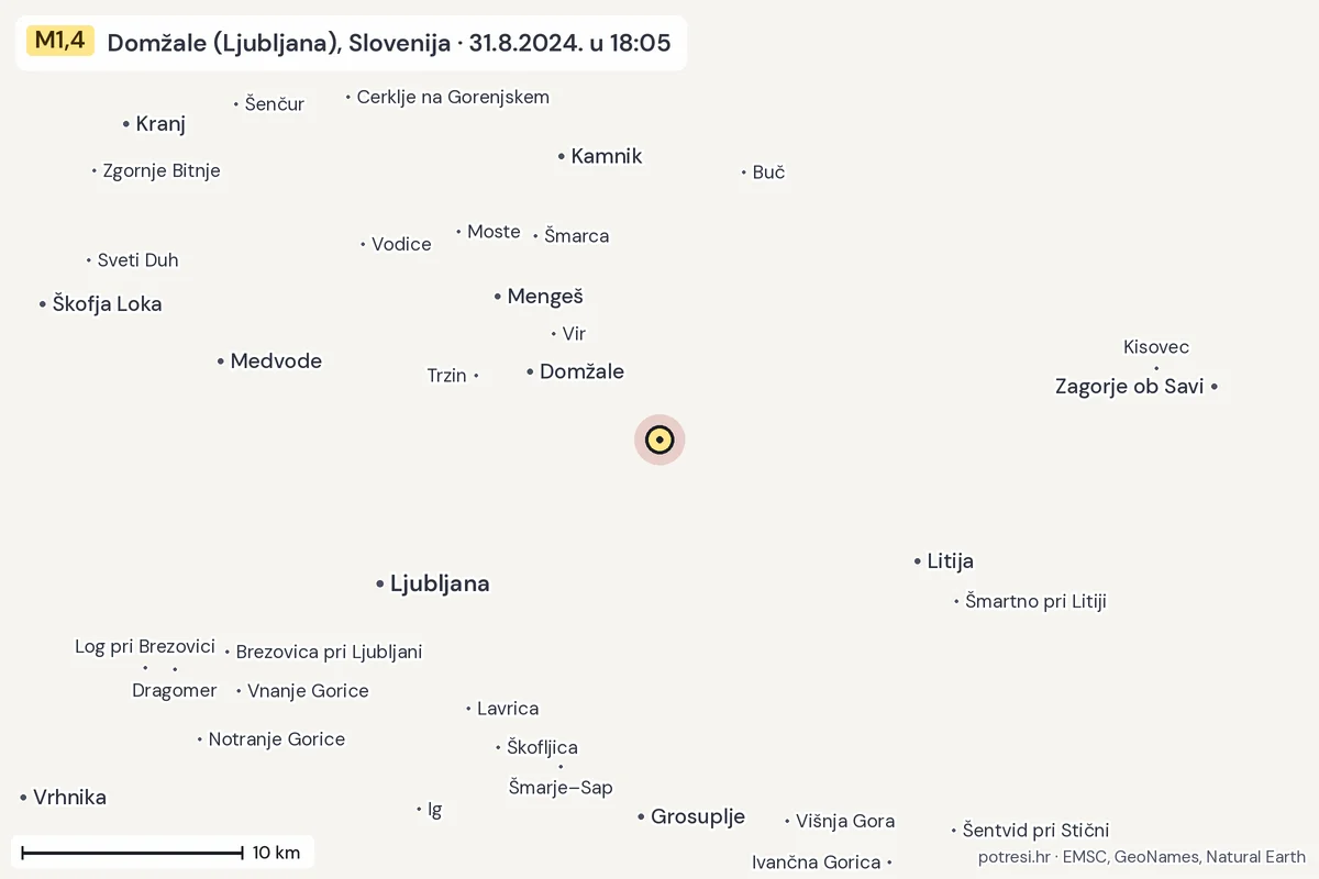 Karta: okolica epicentra, 60 km, potres M1,4, Domžale (Ljubljana), Slovenija, 31.8.2024.
