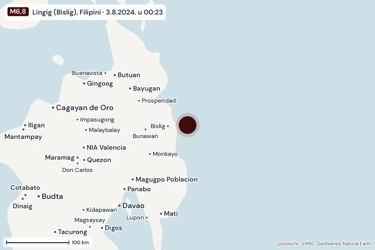 Karta: šire područje, 600 km, potres M6,8, Lingig (Bislig), Filipini, 3.8.2024.