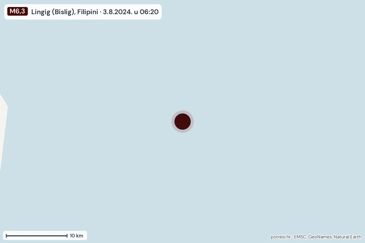 Karta: okolica epicentra, 60 km, potres M6,3, Lingig (Bislig), Filipini, 3.8.2024.