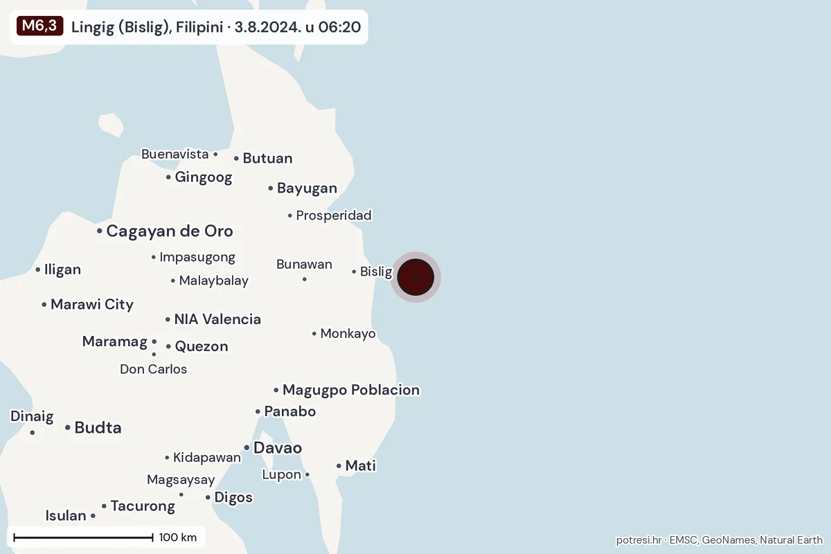 Karta: šire područje, 600 km, potres M6,3, Lingig (Bislig), Filipini, 3.8.2024.