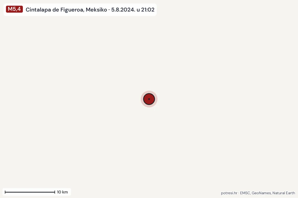 Karta: okolica epicentra, 60 km, potres M5,4, Cintalapa de Figueroa, Meksiko, 5.8.2024.