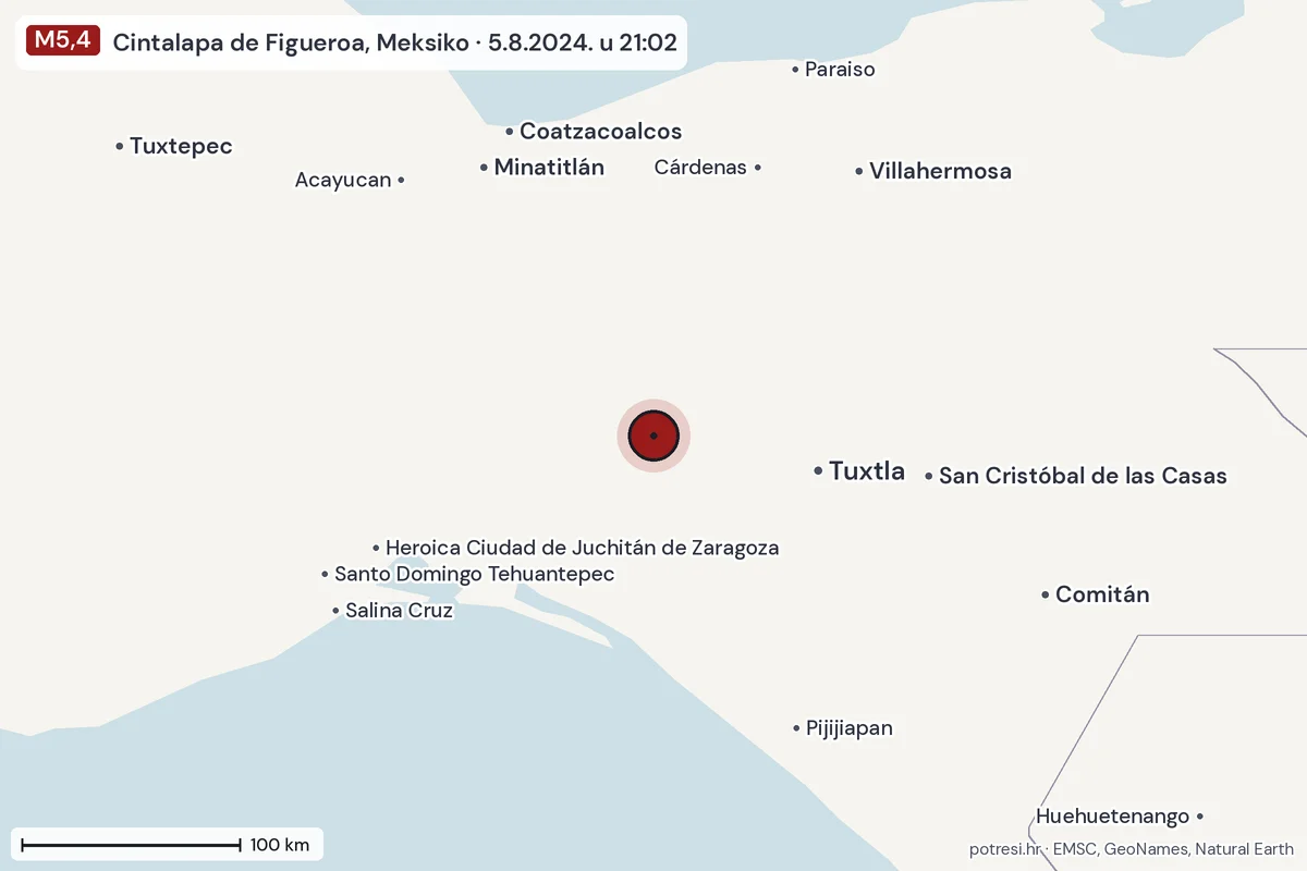 Karta: šire područje, 600 km, potres M5,4, Cintalapa de Figueroa, Meksiko, 5.8.2024.