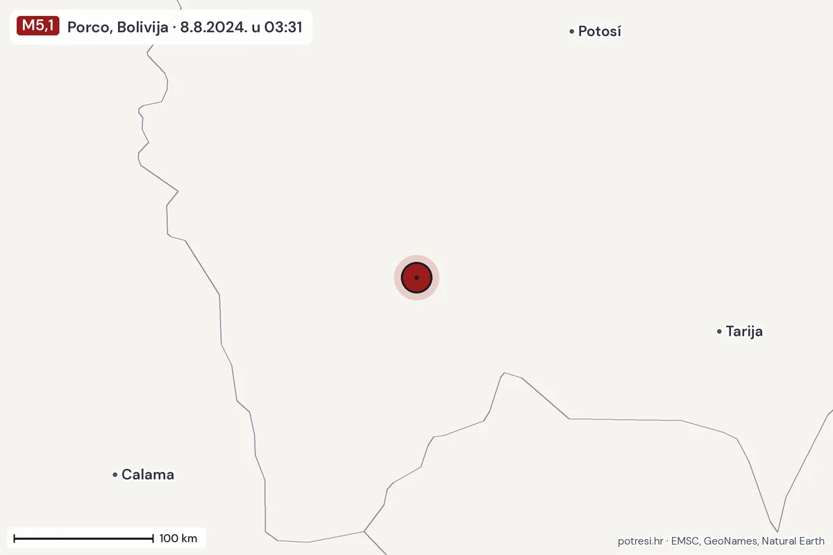 Karta: šire područje, 600 km, potres M5,1, Porco, Bolivija, 8.8.2024.