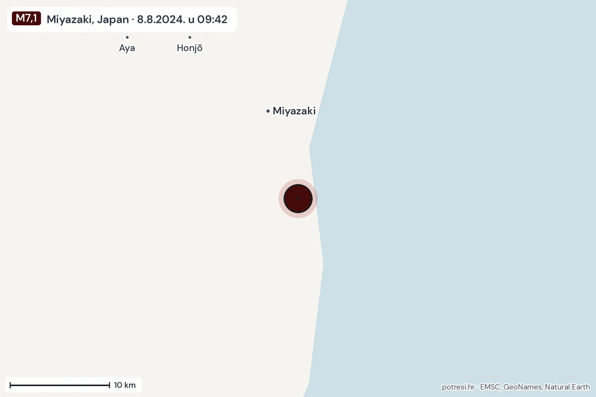 Karta: okolica epicentra, 60 km, potres M7,1, Miyazaki, Japan, 8.8.2024.