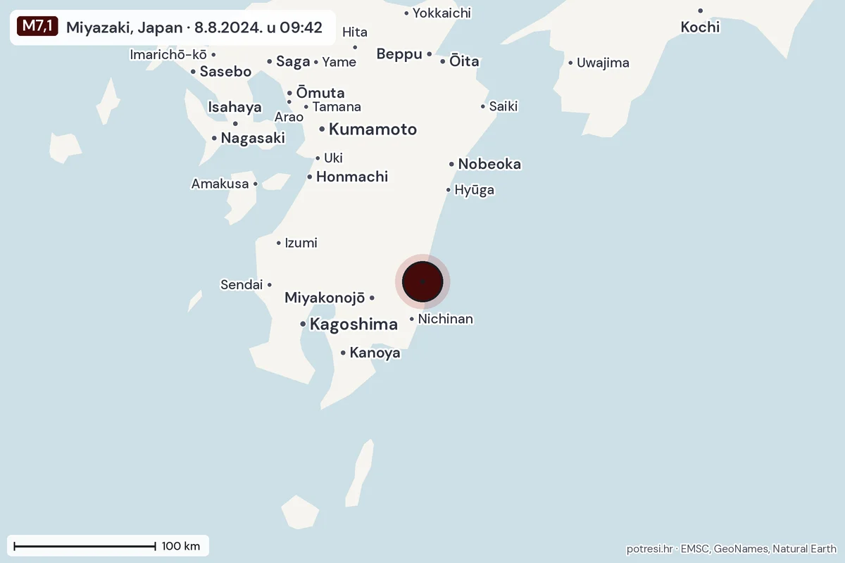 Karta: šire područje, 600 km, potres M7,1, Miyazaki, Japan, 8.8.2024.