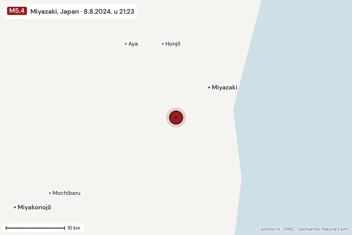 Karta: okolica epicentra, 60 km, potres M5,4, Miyazaki, Japan, 8.8.2024.