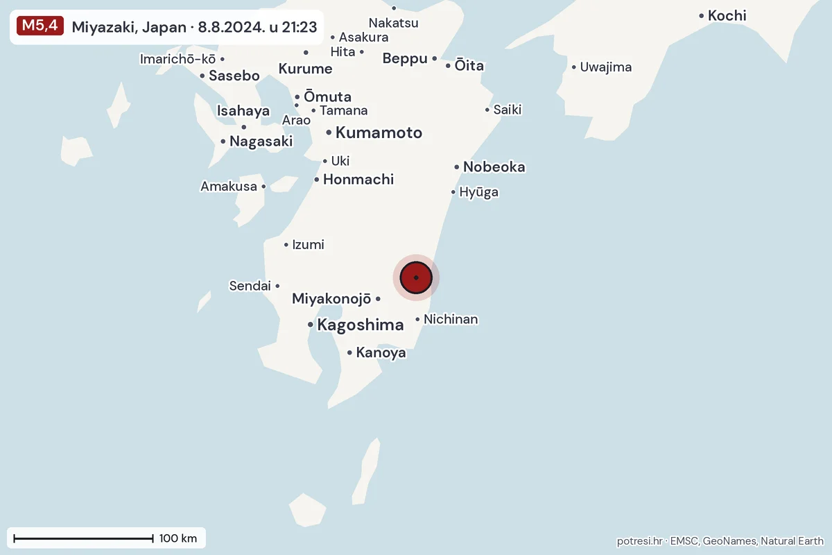 Karta: šire područje, 600 km, potres M5,4, Miyazaki, Japan, 8.8.2024.