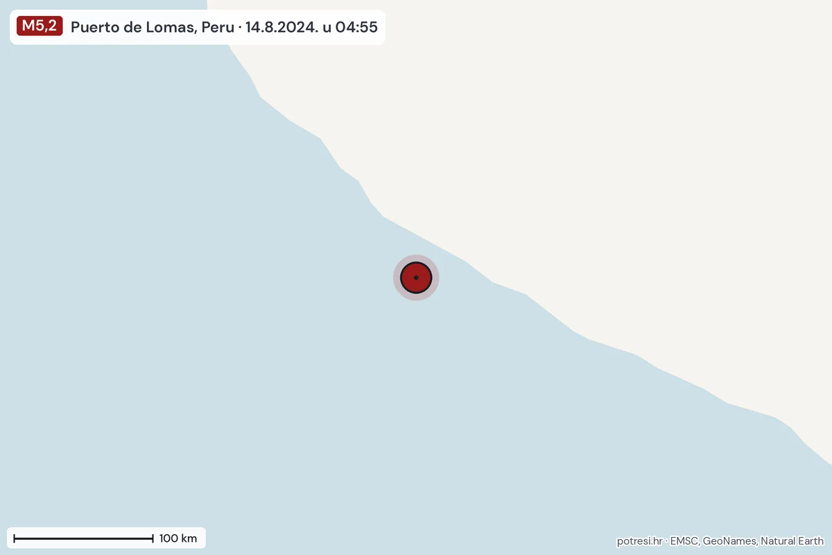 Karta: šire područje, 600 km, potres M5,2, Puerto de Lomas, Peru, 14.8.2024.