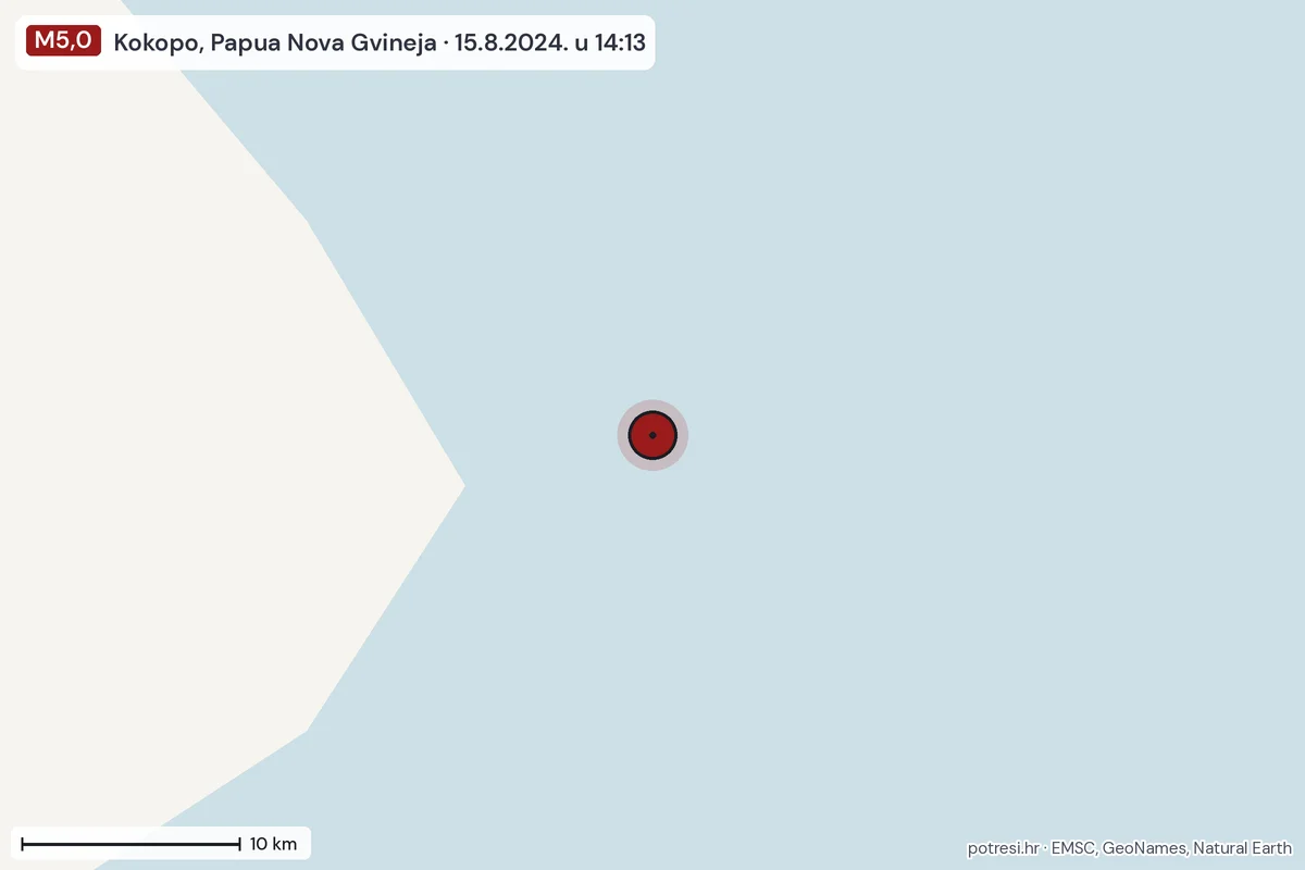 Karta: okolica epicentra, 60 km, potres M5,0, Kokopo, Papua Nova Gvineja, 15.8.2024.