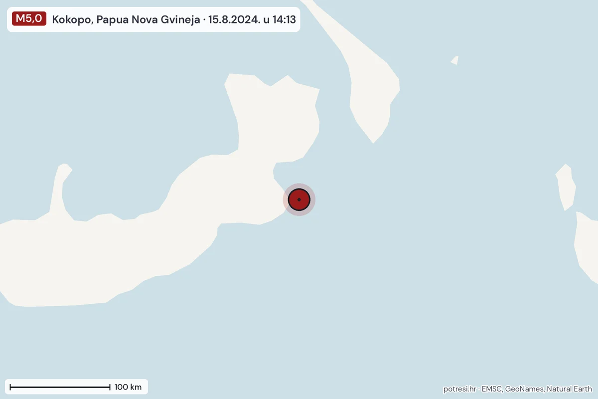 Karta: šire područje, 600 km, potres M5,0, Kokopo, Papua Nova Gvineja, 15.8.2024.