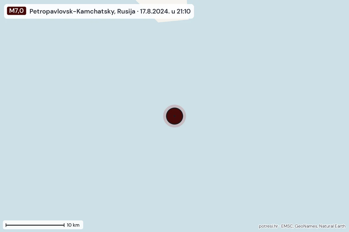 Karta: okolica epicentra, 60 km, potres M7,0, Petropavlovsk-Kamchatsky, Rusija, 17.8.2024.