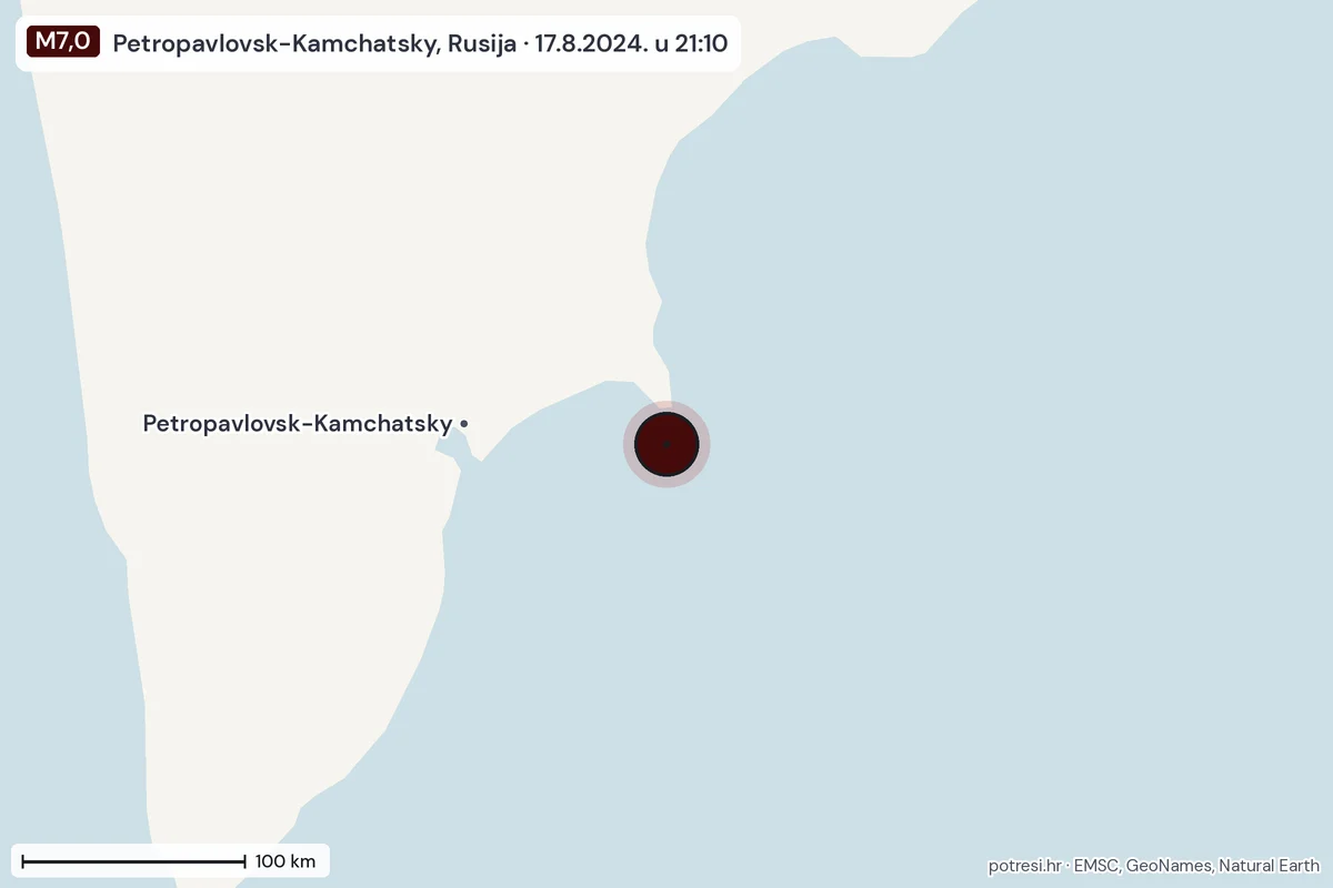 Karta: šire područje, 600 km, potres M7,0, Petropavlovsk-Kamchatsky, Rusija, 17.8.2024.