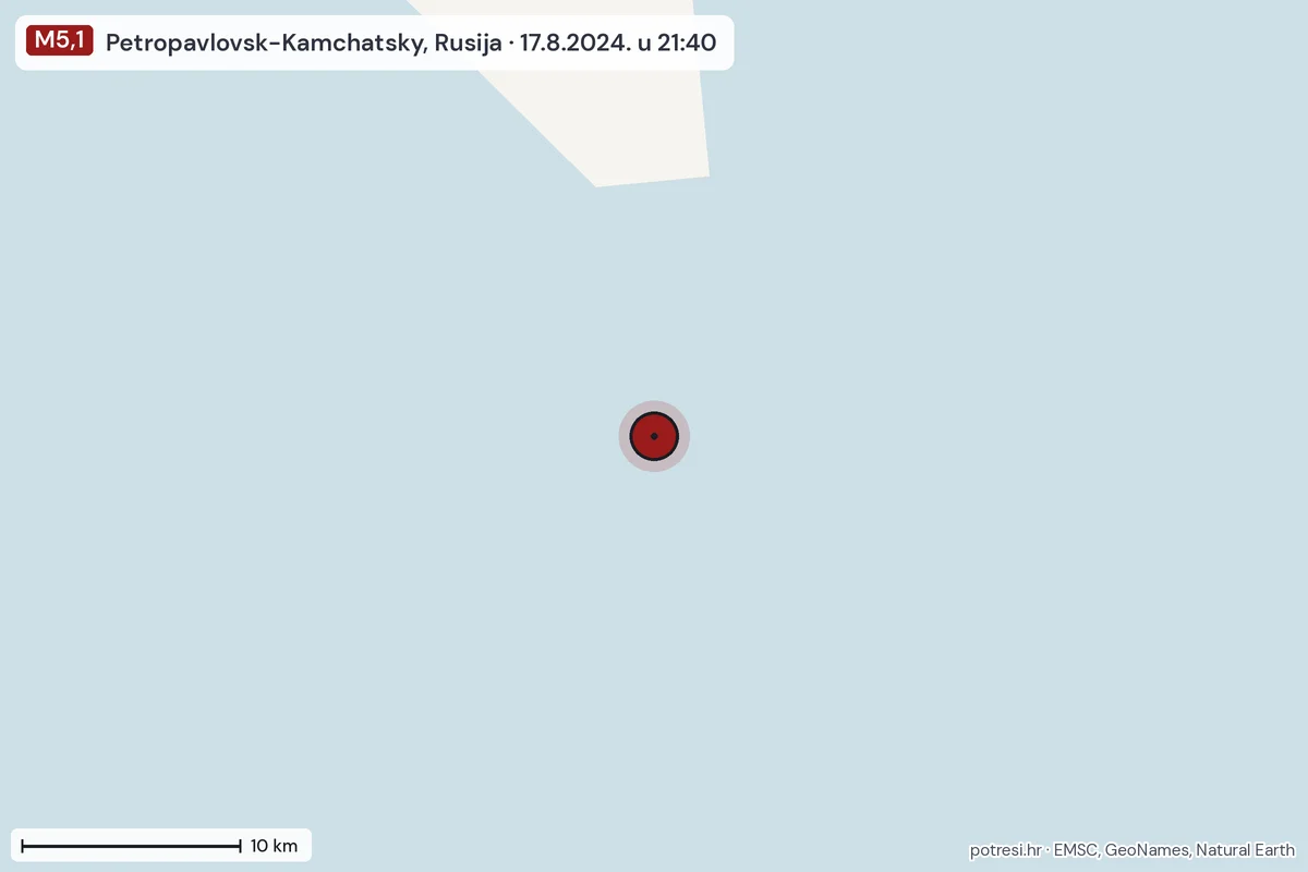 Karta: okolica epicentra, 60 km, potres M5,1, Petropavlovsk-Kamchatsky, Rusija, 17.8.2024.
