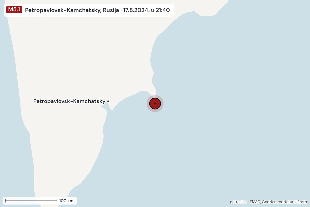 Karta: šire područje, 600 km, potres M5,1, Petropavlovsk-Kamchatsky, Rusija, 17.8.2024.