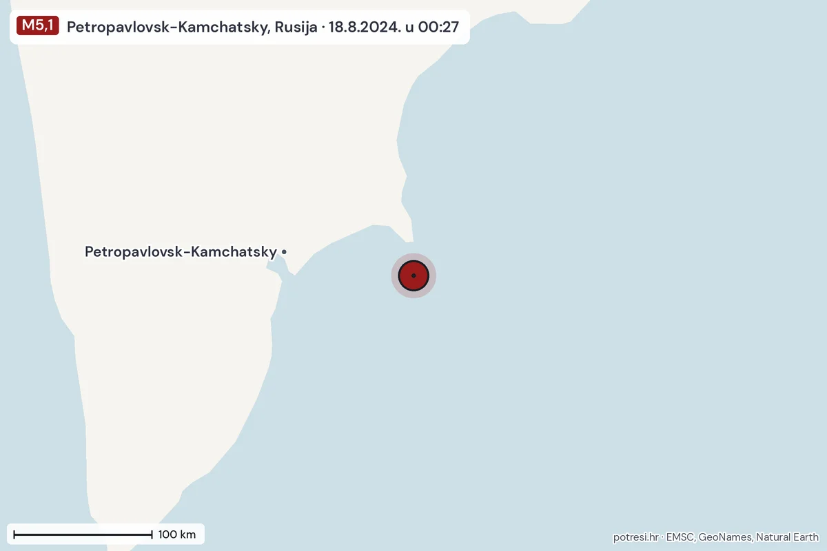Karta: šire područje, 600 km, potres M5,1, Petropavlovsk-Kamchatsky, Rusija, 18.8.2024.