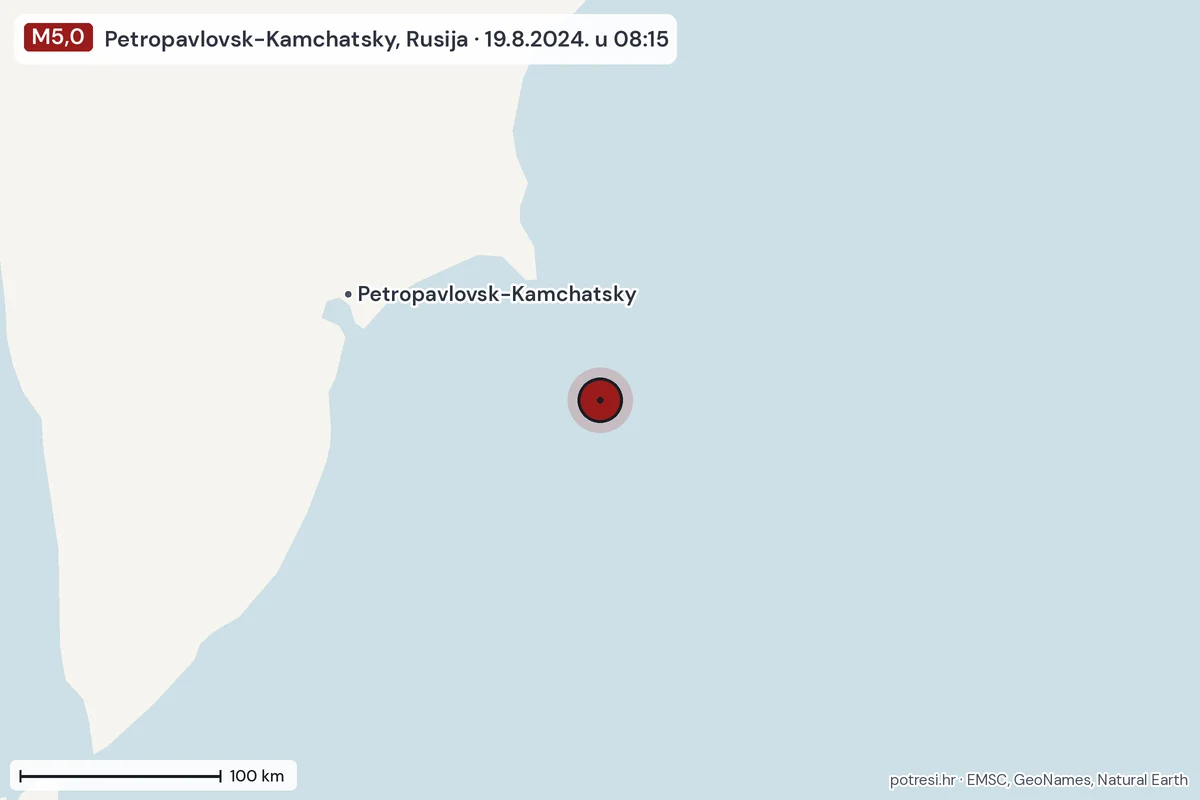Karta: šire područje, 600 km, potres M5,0, Petropavlovsk-Kamchatsky, Rusija, 19.8.2024.