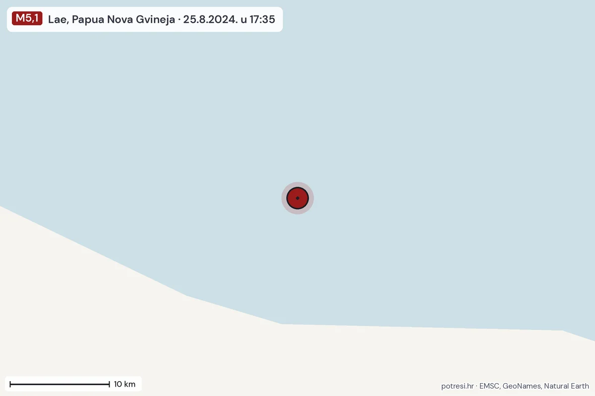 Karta: okolica epicentra, 60 km, potres M5,1, Lae, Papua Nova Gvineja, 25.8.2024.