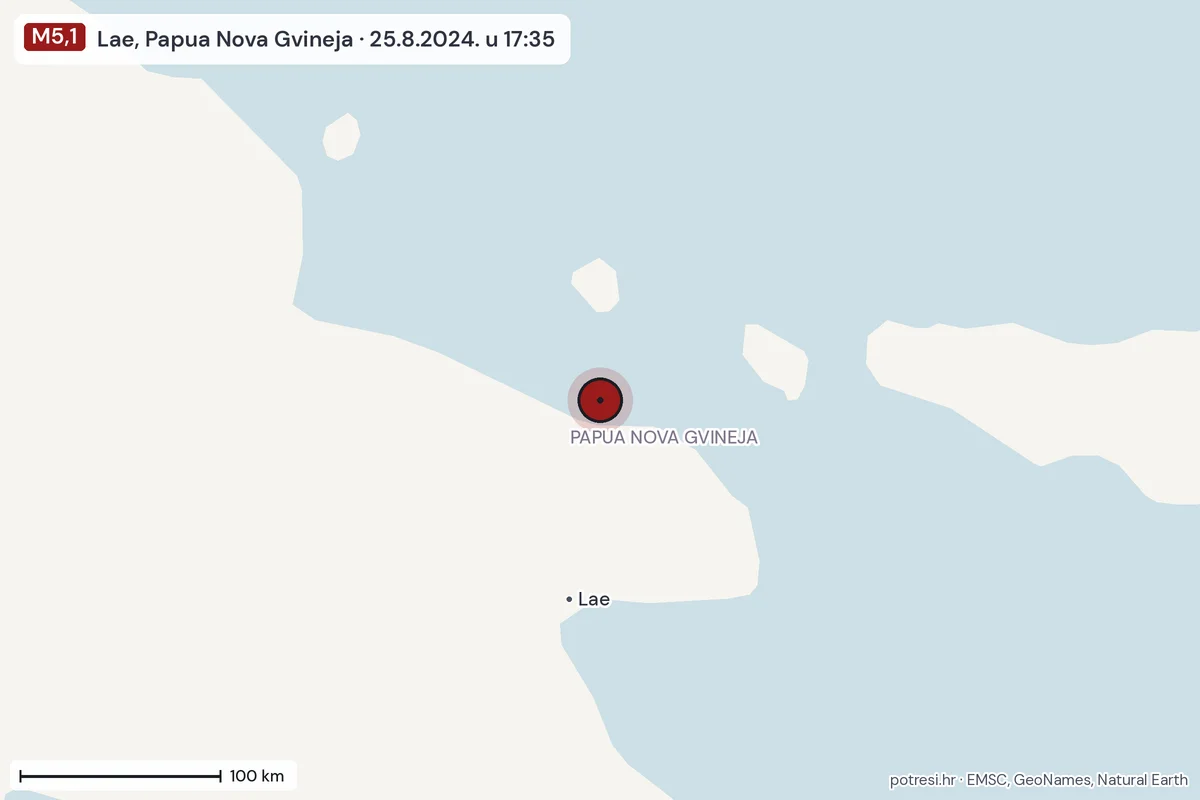 Karta: šire područje, 600 km, potres M5,1, Lae, Papua Nova Gvineja, 25.8.2024.
