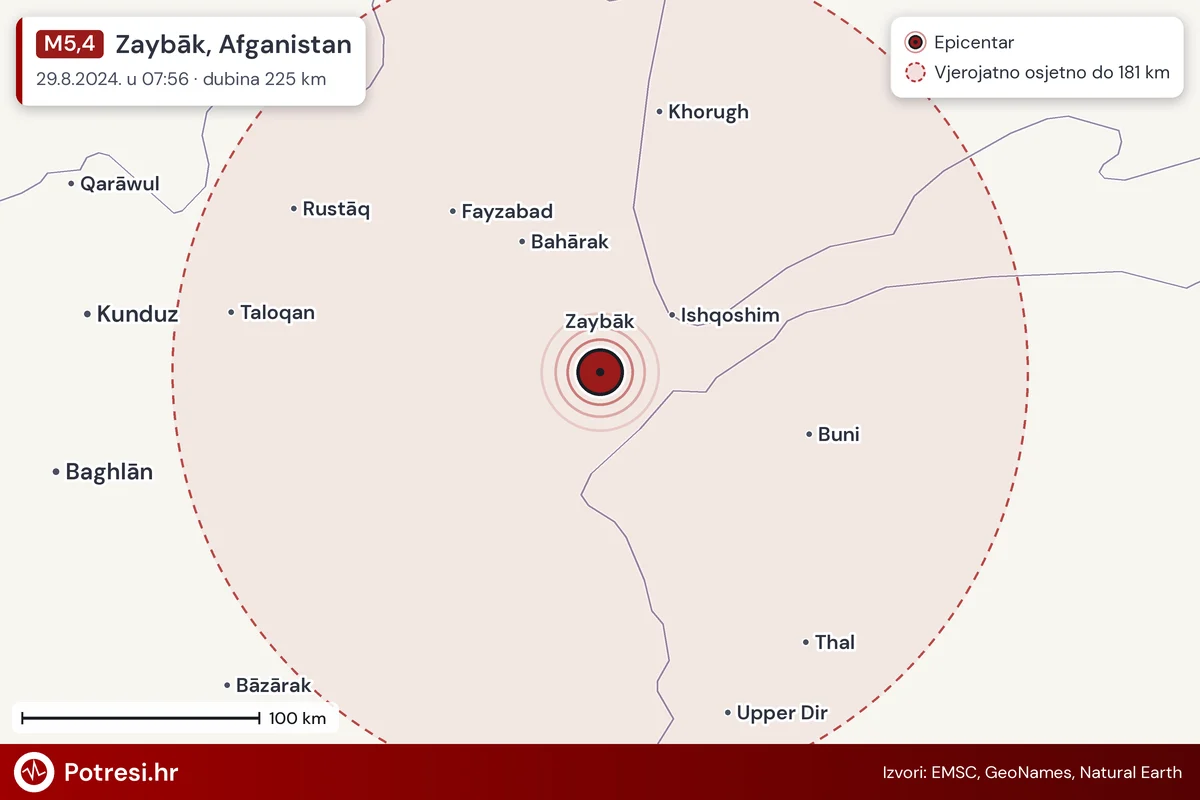Karta: šire područje i vjerojatni doseg osjeta, potres M5,4, Zaybāk, Afganistan, 29.8.2024.