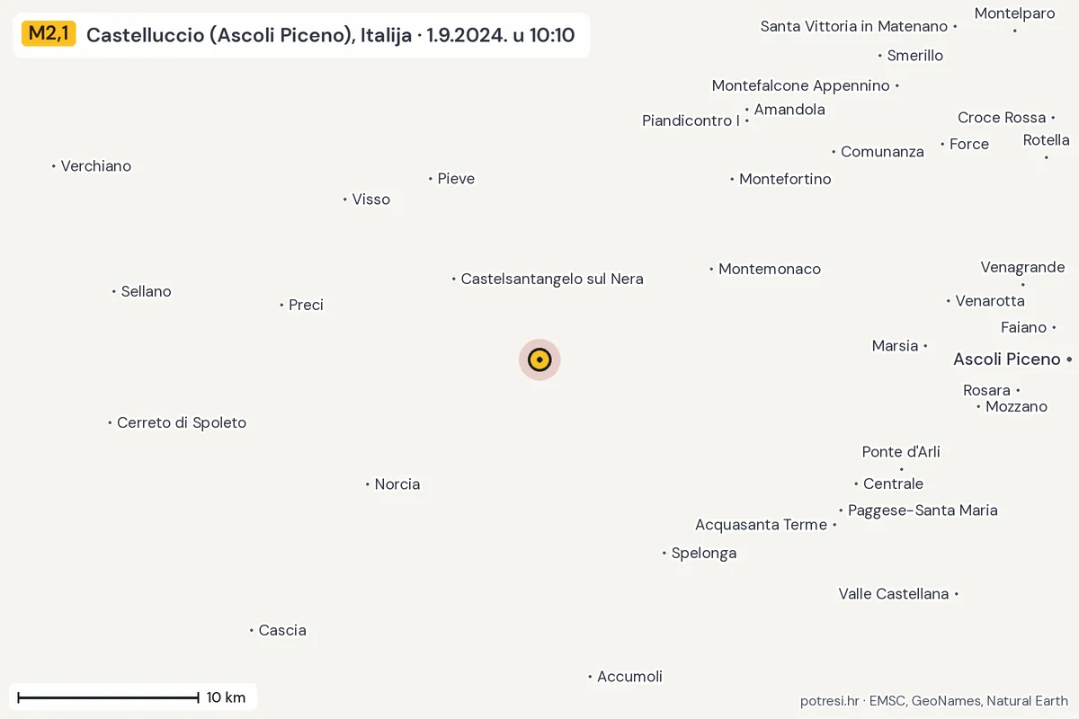 Karta: okolica epicentra, 60 km, potres M2,1, Castelluccio (Ascoli Piceno), Italija, 1.9.2024.
