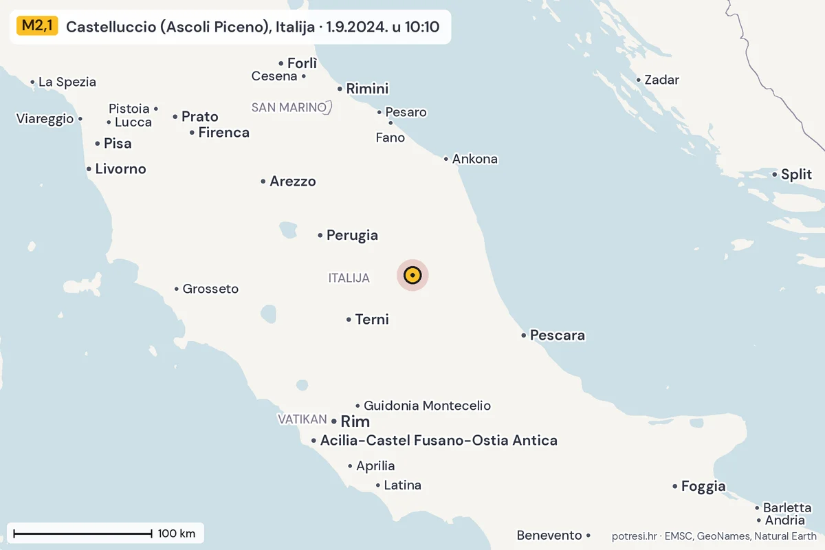 Karta: šire područje, 600 km, potres M2,1, Castelluccio (Ascoli Piceno), Italija, 1.9.2024.