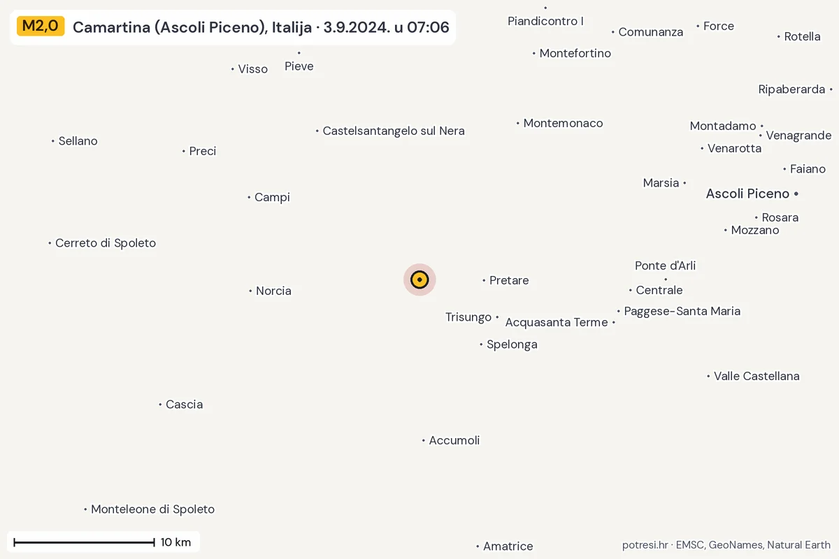 Karta: okolica epicentra, 60 km, potres M2,0, Camartina (Ascoli Piceno), Italija, 3.9.2024.