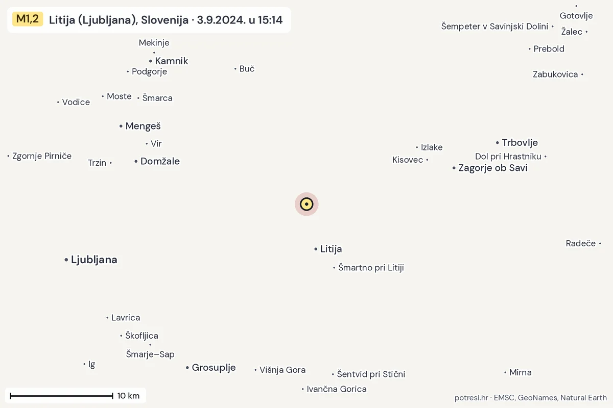 Karta: okolica epicentra, 60 km, potres M1,2, Litija (Ljubljana), Slovenija, 3.9.2024.