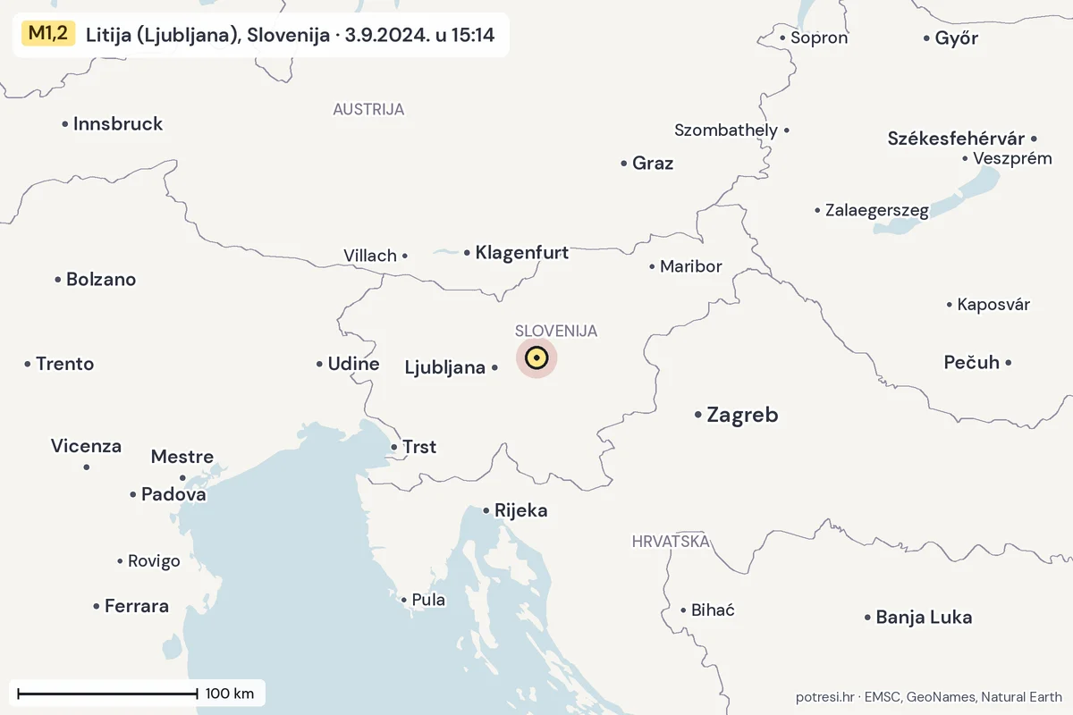 Karta: šire područje, 600 km, potres M1,2, Litija (Ljubljana), Slovenija, 3.9.2024.