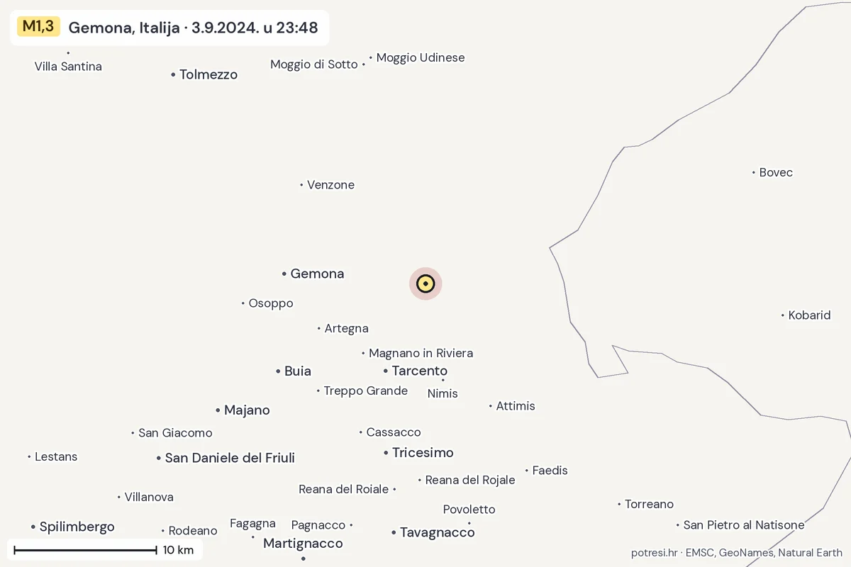 Karta: okolica epicentra, 60 km, potres M1,3, Gemona, Italija, 3.9.2024.