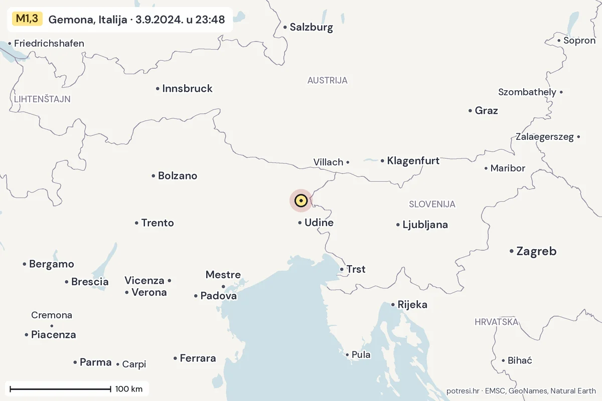 Karta: šire područje, 600 km, potres M1,3, Gemona, Italija, 3.9.2024.
