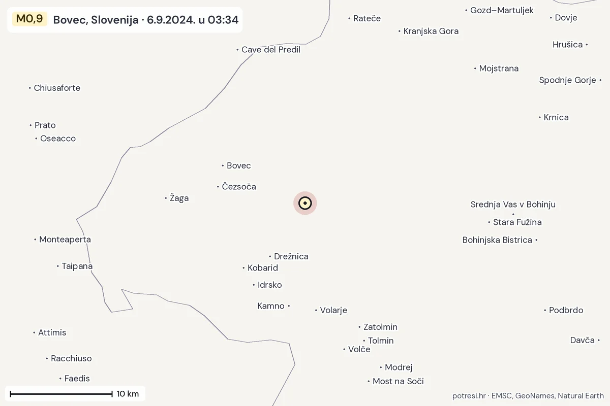 Karta: okolica epicentra, 60 km, potres M0,9, Bovec, Slovenija, 6.9.2024.