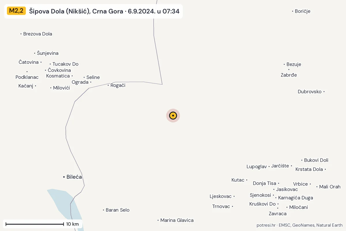 Karta: okolica epicentra, 60 km, potres M2,2, Šipova Dola (Nikšić), Crna Gora, 6.9.2024.