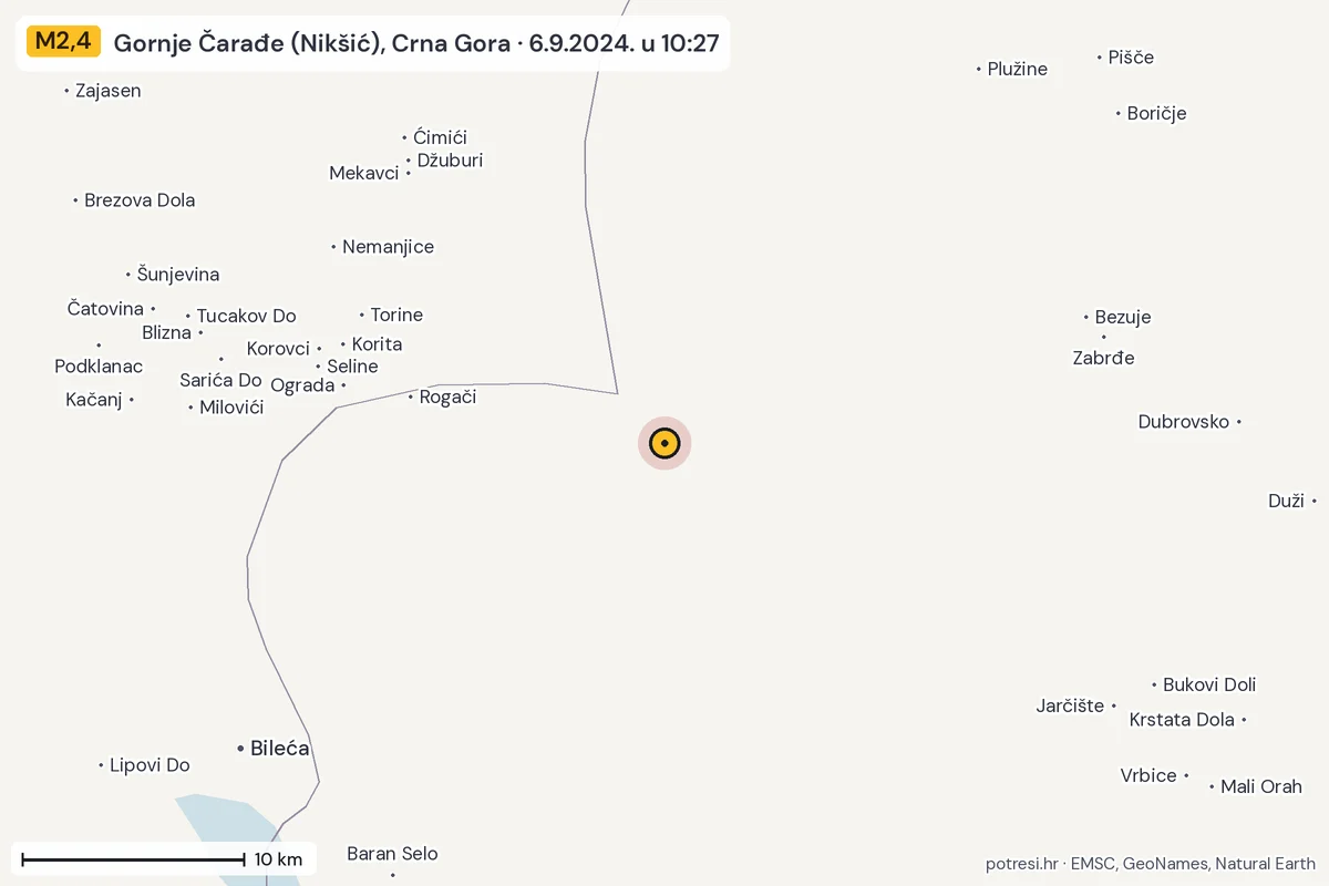 Karta: okolica epicentra, 60 km, potres M2,4, Gornje Čarađe (Nikšić), Crna Gora, 6.9.2024.