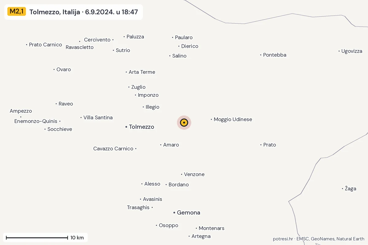 Karta: okolica epicentra, 60 km, potres M2,1, Tolmezzo, Italija, 6.9.2024.