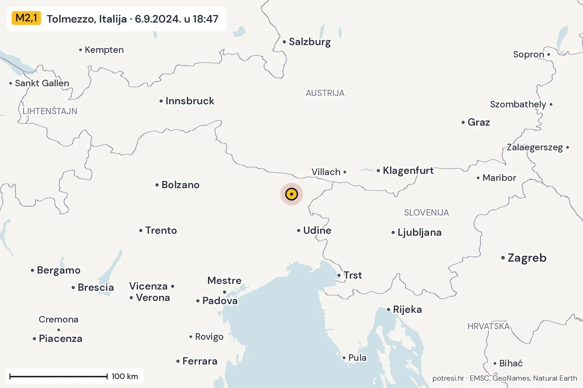 Karta: šire područje, 600 km, potres M2,1, Tolmezzo, Italija, 6.9.2024.