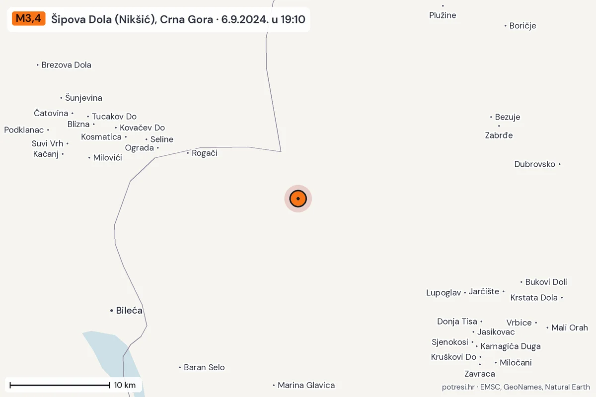 Karta: okolica epicentra, 60 km, potres M3,4, Šipova Dola (Nikšić), Crna Gora, 6.9.2024.