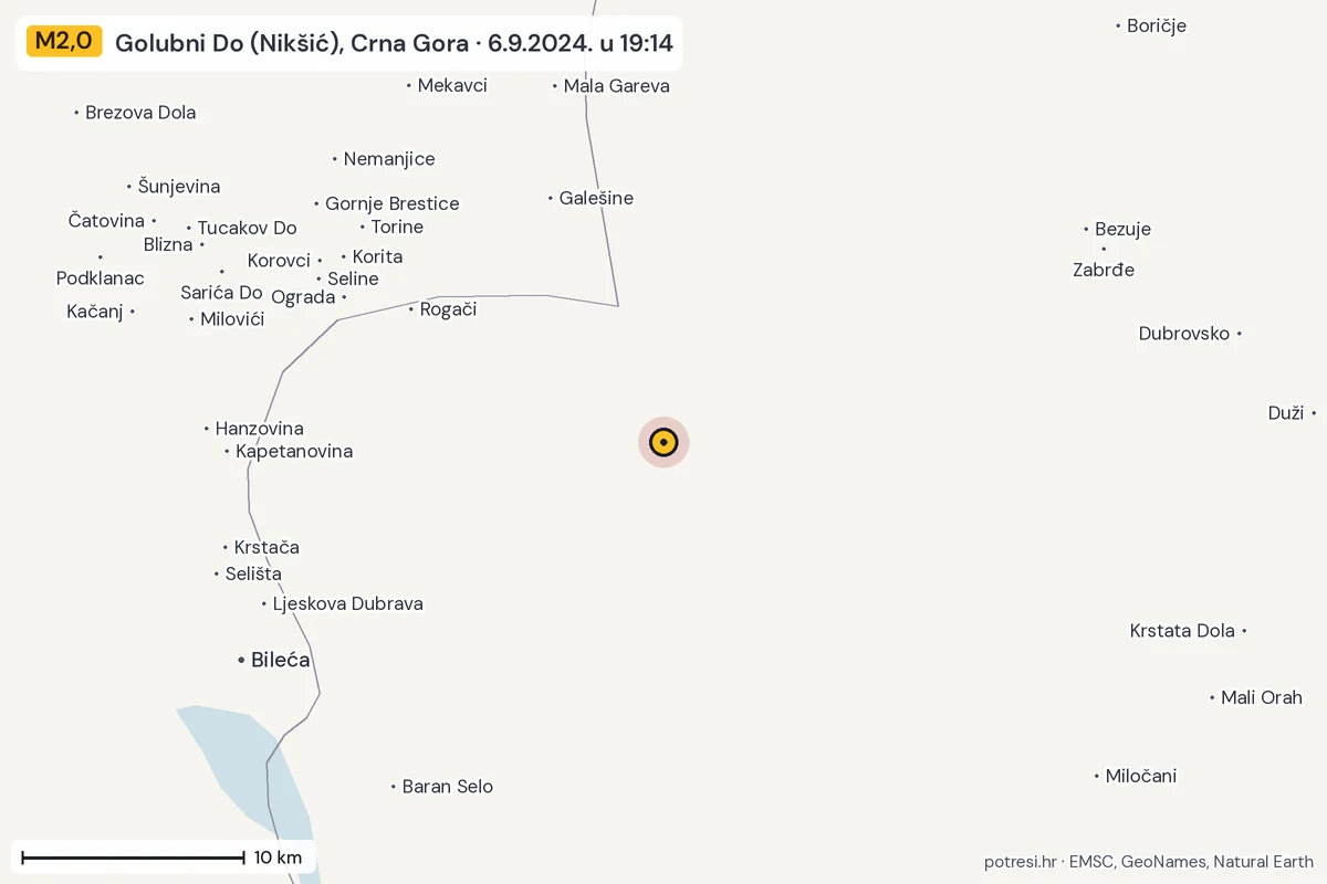 Karta: okolica epicentra, 60 km, potres M2,0, Golubni Do (Nikšić), Crna Gora, 6.9.2024.