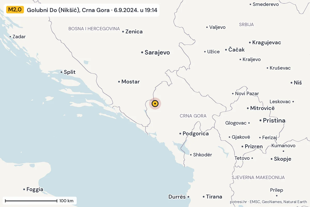 Karta: šire područje, 600 km, potres M2,0, Golubni Do (Nikšić), Crna Gora, 6.9.2024.