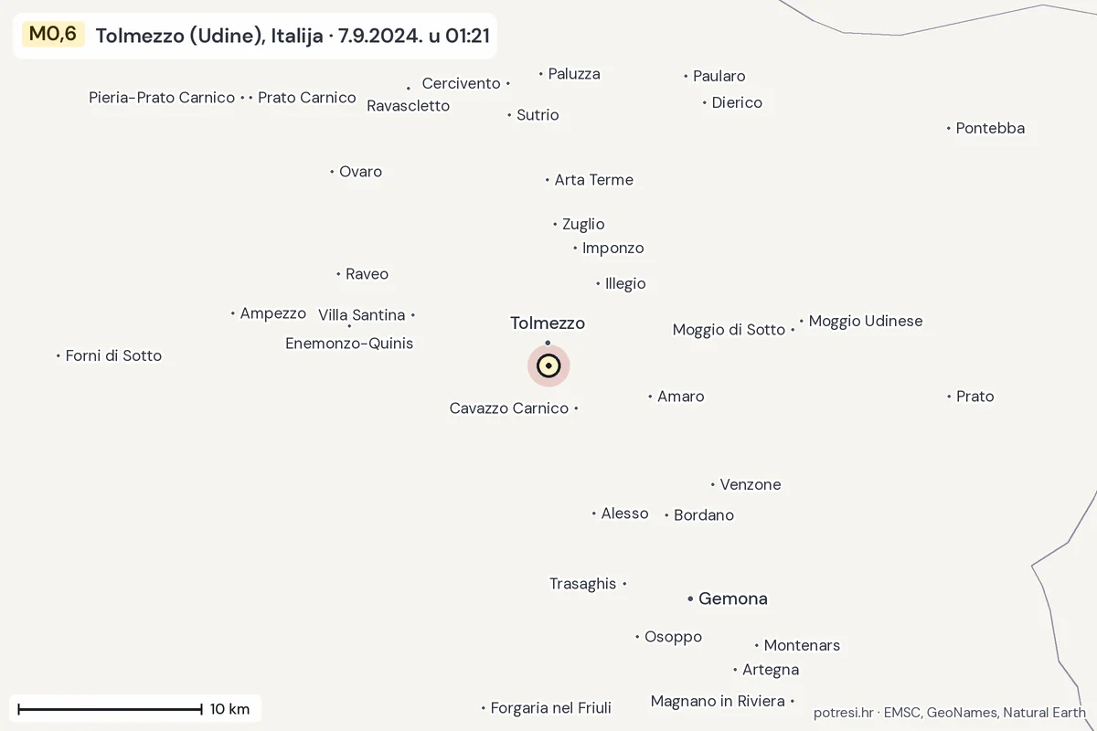 Karta: okolica epicentra, 60 km, potres M0,6, Tolmezzo (Udine), Italija, 7.9.2024.